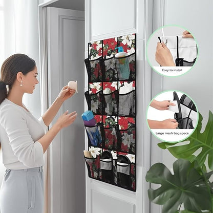 Poinsettia Flower Behind Door Organizer for Dorm Room Essentials,Xmas Decor Over The Door Hanging Organizer for Living Room,Large Capacity and 12 Pockets Wall Hanging Storage