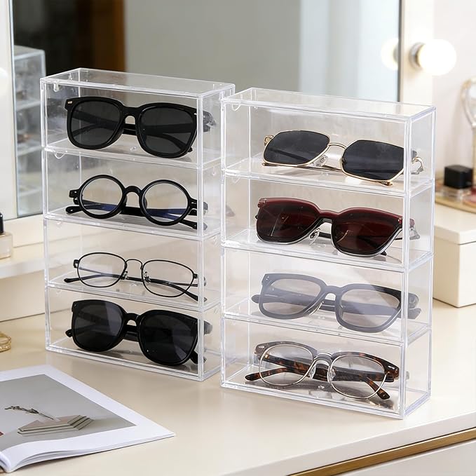 2PCS Sunglass Organizer for Multiple Pairs Clear Acrylic Organizer, 9.65 * 6.89 * 2.56 Inch Plastic Stackable Eyeglass Case Storage Organizers with 4 Drawers for Glasses Jewelry Watch Storage