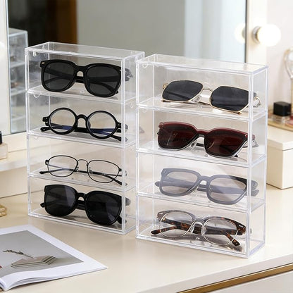 2PCS Sunglass Organizer for Multiple Pairs Clear Acrylic Organizer, 9.65 * 6.89 * 2.56 Inch Plastic Stackable Eyeglass Case Storage Organizers with 4 Drawers for Glasses Jewelry Watch Storage
