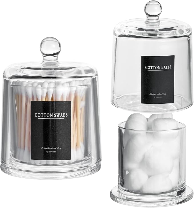 Qtip Holder Thick Glass Apothecary Jars with Lid for Bathroom Accessories Vanity Organizers and Makeup Storage for Cotton Ball, Swabs, Candy, Jewelry, Bathroom Decor, 2 Pack Clear