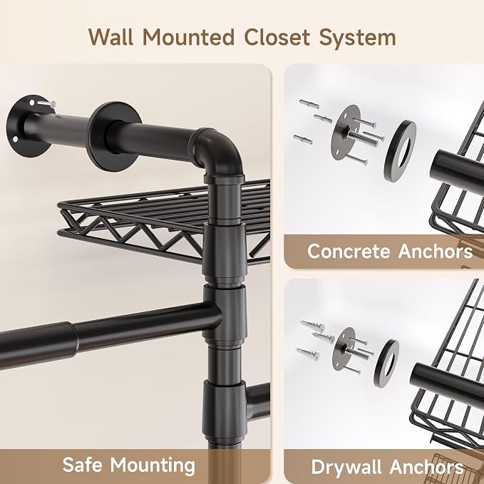 Wall Mounted Garment Rack, Walk-in Closet System with Expandable Rods, Adjustable Shelves, Industrial Pipe Clothing Racks, Hanging Clothes Organizers and Storage, Metal Closet Shelving Wardrobe