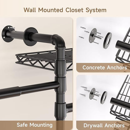 Wall Mounted Garment Rack, Walk-in Closet System with Expandable Rods, Adjustable Shelves, Industrial Pipe Clothing Racks, Hanging Clothes Organizers and Storage, Metal Closet Shelving Wardrobe