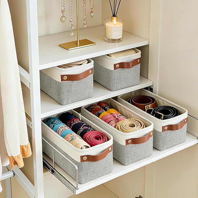 Bagnizer Small Fabric Storage Baskets, 15x6x5 inch Narrow Storage Bins 4-Pack Long Storage Basket for Organizing with Handles, Decorative Basket for Closets, Shelves, Toilet Paper, Grey