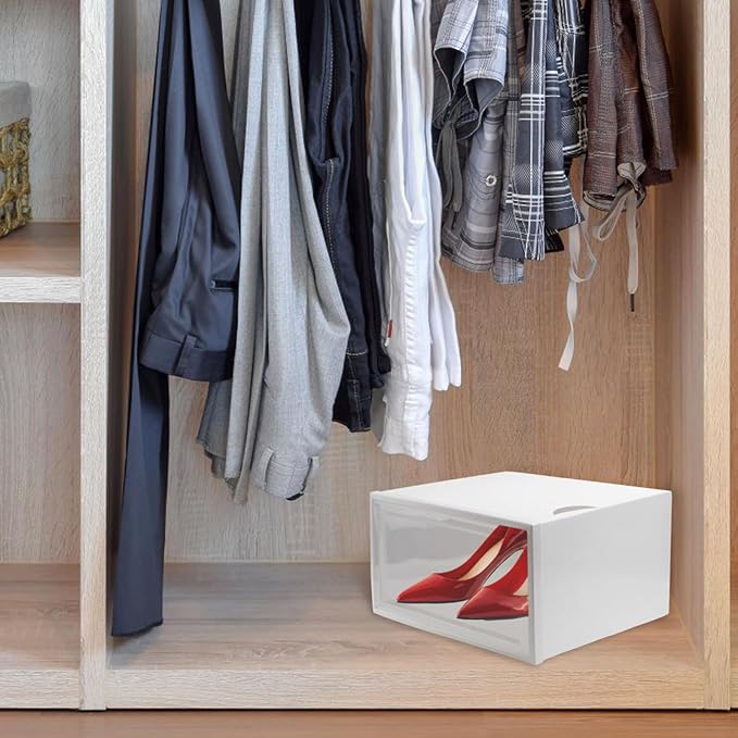 Zerodeko Stackable Sneaker Storage Box Flip Lid, White 33.5×24.5×17.5cm Pp Plastic Shoe Organizer for Home and Closet