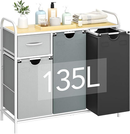 Yecaye Laundry Sorter 3 Section, Laundry Hamper with Shelf and 1 Drawer, 35.7Gal(135L) Clothes Basket Organizer, Pull-Out and Removable Oxford Fabric Laundry Bags for Laundry Room, Bedroom, Bathroom