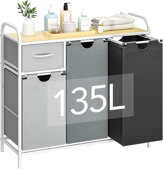 Yecaye Laundry Sorter 3 Section, Laundry Hamper with Shelf and 1 Drawer, 35.7Gal(135L) Clothes Basket Organizer, Pull-Out and Removable Oxford Fabric Laundry Bags for Laundry Room, Bedroom, Bathroom