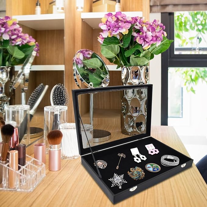 Large Pin Display Case Enamel Pin Collection Holder 14" X 9.5" Jewelry Display Case with Transparent Lid Jewelry Box Organizer for Pins, Ring, Earring Black Jewelry Tray Organizer