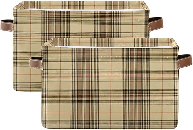 Large Storage Basket Beige Gingham Plaid Storage Bin Cube Canvas Fabric Organizer Handles Collapsible for Clothes Toys Bedroom Decorative