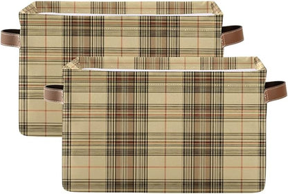 Large Storage Basket Beige Gingham Plaid Storage Bin Cube Canvas Fabric Organizer Handles Collapsible for Clothes Toys Bedroom Decorative