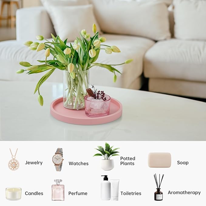 NiHome Thickened Silicone Vanity Organizer Tray for Bathroom Accessories, Kitchen Countertop, Living Room Decor, Multipurpose Shatter-Resistant Round Tray Decor for Candle, Perfume, Soap, Plant (Pink)
