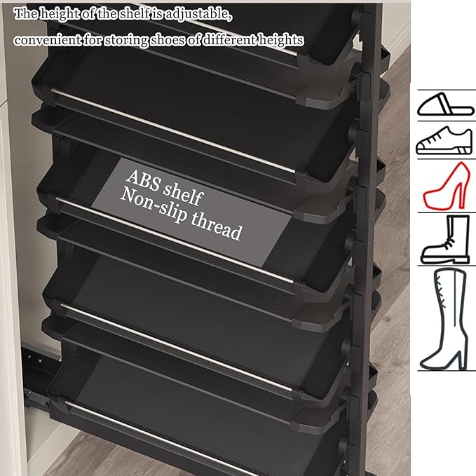 Pull-Out Shoe Rack Organizer for Closet Shoe Cabinet,Adjustable Height Retractable Metal Stackable Shoe Rack, Vertical Shelf Organizer for Small Bedroom Closet, Space Saving Storage, Black(50cm,9 Tier