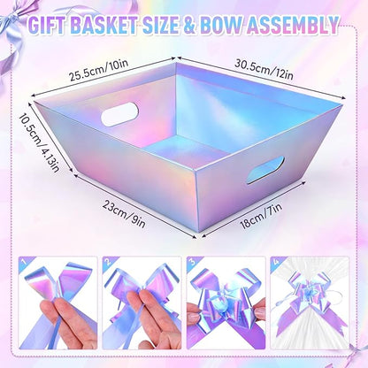 AFOROEOA 10 PACK Laser Gift Baskets for Gifts Empty, 12x10x4” Holographic Iridescent Gift Basket Kit with 10 Bows & 10 Bags - Large Empty Gift Baskets to Fill for Christmas, Weddings, Birthdays, Holiday Gifting Hampers