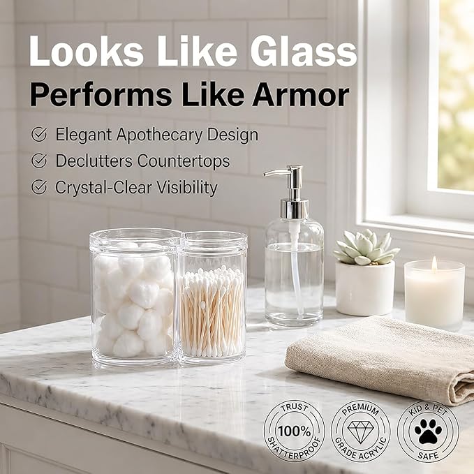 ForPro Clear Acrylic 2-Compartment Apothecary Jar with Lid, Shatterproof Qtip Holder & Cotton Ball Organizer, 28 Oz + 20 Oz Bathroom Vanity Canister for Kitchen, Office Decor, 6.25" x 3.7" x 4.6
