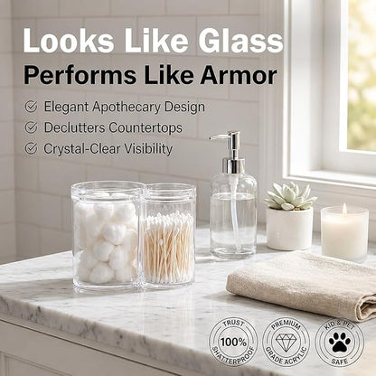 ForPro Clear Acrylic 2-Compartment Apothecary Jar with Lid, Shatterproof Qtip Holder & Cotton Ball Organizer, 28 Oz + 20 Oz Bathroom Vanity Canister for Kitchen, Office Decor, 6.25" x 3.7" x 4.6