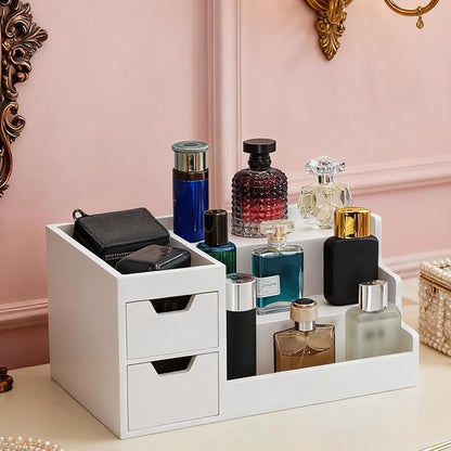 Countertop Perfume & Makeup Organizer - Wooden Rack, Cologne Stand Shelves & Skincare Organizer for Bedroom Dresser, Organizador de Perfumes Estante para Perfumes (White, 01)