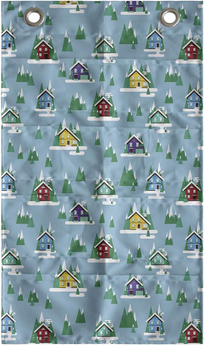 Ambesonne House Hanging Pocket Organizer, Rectangular Trilateral Homes Windows Door Knobs Snow on Pointy Trees Christmas Time, Printed Polyester Storage Bag with Pockets, 21" x 31", Multicolor