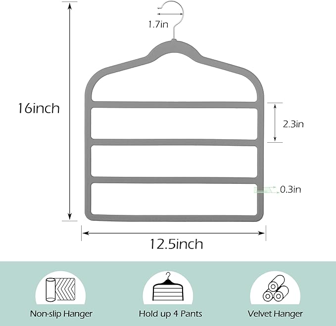 Velvet Pants Clothes Hanger Space Saving Non Slip Pants Shorts Hanger, Myfolrena Jeans Slack Trousers Hangers Multiple Velvet Hanger Closet Storage and Organization for Jeans,Scarf,Tie(Grey, 3)
