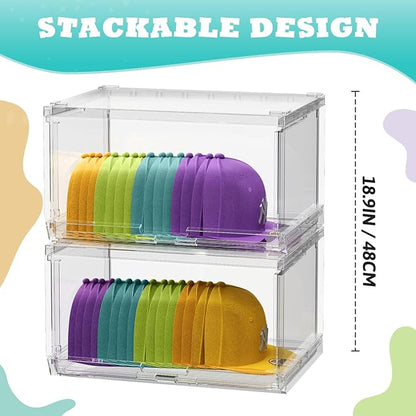 SCAVATA 2 Pack Large Hat Organizer Box, Stackable Clear Baseball Caps Holder Box Containers with Sliding Door for Hats Snapback Cap Storag, Hat Rack Display Case, Holds 20 Hats Each -Clear