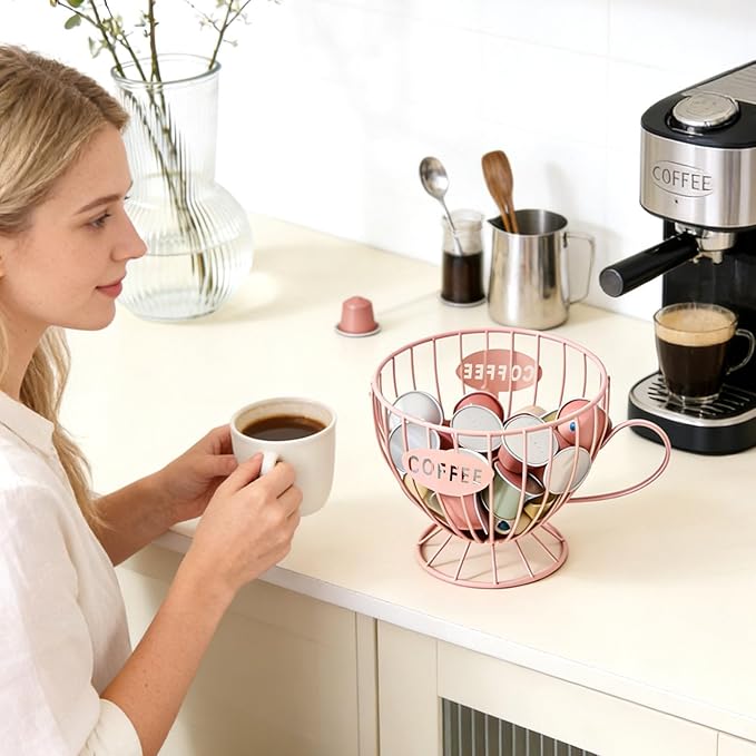 Coffee Pod Holder, Large Capacity K Cup Holder Coffee Capsule Storage Basket Tea Organizer for Countertop Kitchen Bar (Pink)