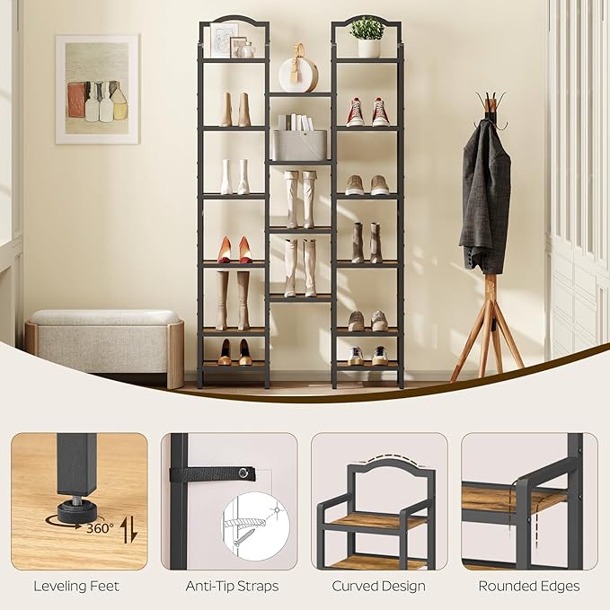 YATINEY 10-Tier Tall Shoe Rack, Vertical Shoe Organizer for Small Spaces, Wooden Shoe Shelf for Entryway, Space Saving Shoe Storage, Holds 10 Pairs of Shoes, Rustic Brown and Black SS50BR
