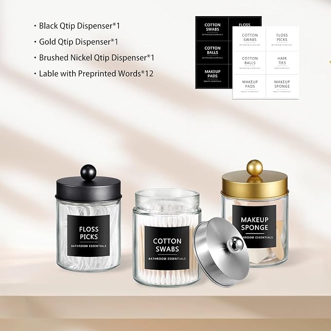 SheeChung 3-Pack Glass Apothecary Jars (Mix Colors) - Black, Gold, Brushed Nickel Stainless Steel Qtip Holder Set - Modern Bathroom Vanity Organizer for Cotton Swabs, Balls, Pads - Multi-Color Decor