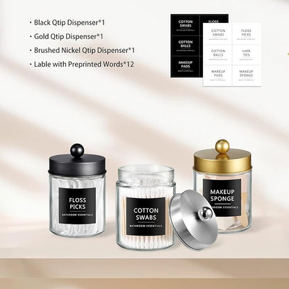 SheeChung 3-Pack Glass Apothecary Jars (Mix Colors) - Black, Gold, Brushed Nickel Stainless Steel Qtip Holder Set - Modern Bathroom Vanity Organizer for Cotton Swabs, Balls, Pads - Multi-Color Decor