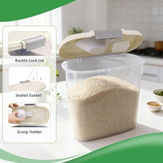 Large Rice Storage Container 15-20 Lbs, Tall Flour Container with Scoop + Cup - Slim Dry Food Storage Bin for Cereal, Sugar, Beans, Pet Dog Cat Food Container - Kitchen and Pantry Storage Organization