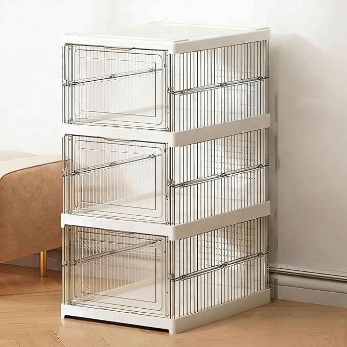 TARSHYRY Foldable Shoe Organizer, Stackable Shoe Rack with Transparent Door, Space Saving Bin Holder for Sneaker Container, Organizer for Boots, Heels, Sandals (3 Layers 10.04x13.58x20.67in)