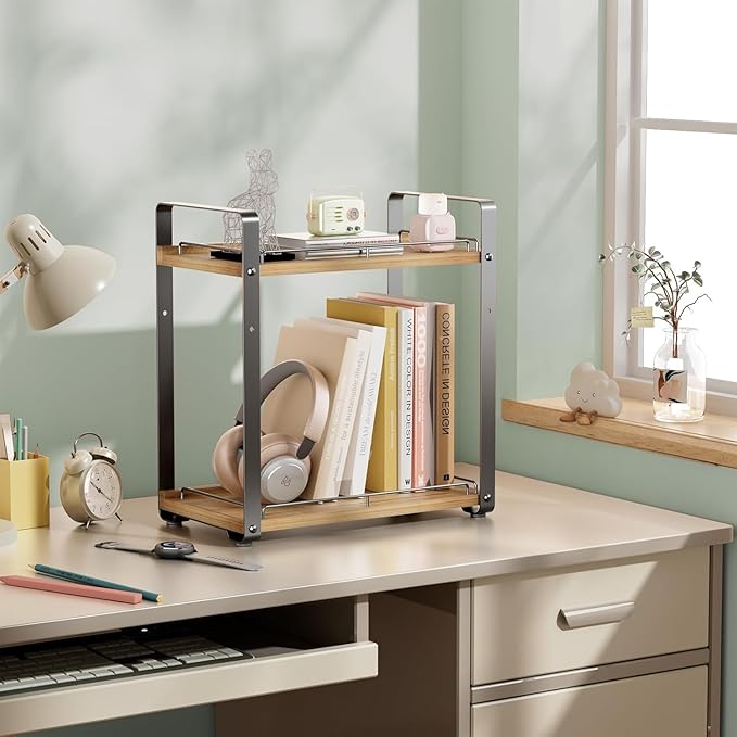 Delamu 2-Tier Bathroom Counter Organizer, Wood Vanity Organizer Countertop for Skincare & Makeup, Multi-Purpose Vanity Bathroom Shelf for Coffee Station Kitchen Storage and Organization