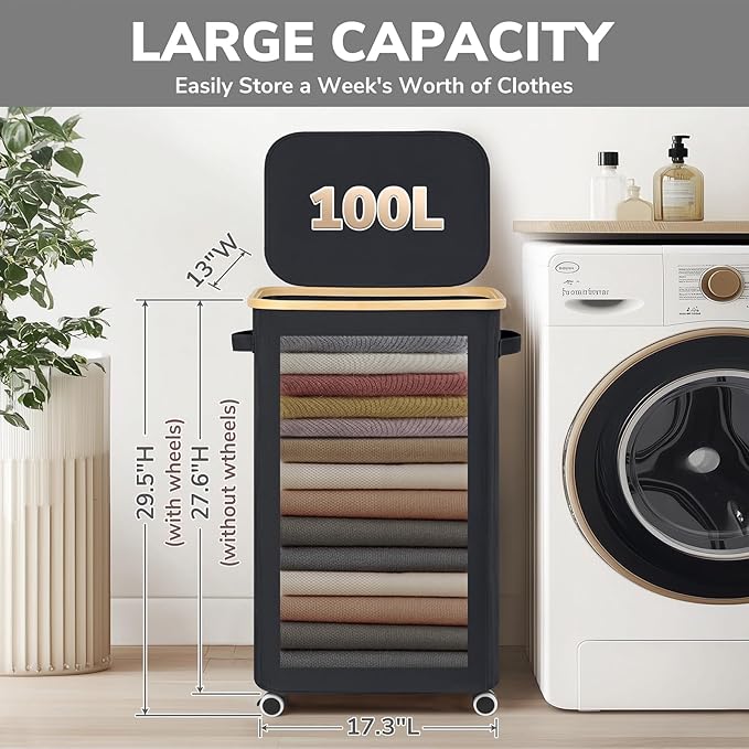 Goodpick Laundry Basket with Wheels, 100L Rolling Laundry Hamper with Lid Clothes Hampers with Removable Wash Bag Large Clothes Basket for Bedroom, Bathroom, Black