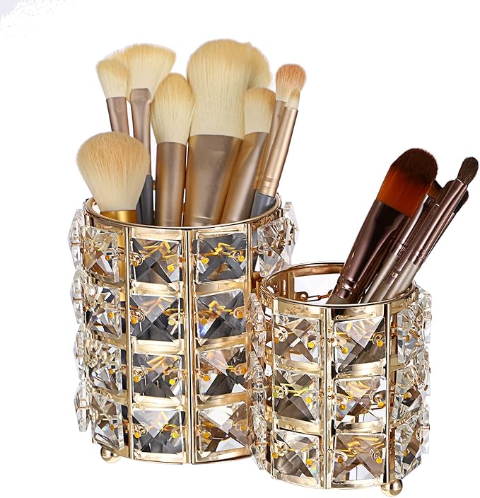 Hipiwe Makeup Brush Holder Gold Bling Crystal Makeup Brush Organizer Round Remote Control Holder Cosmetic Brush Tools Comb Pen Pencil Storage Pot Cup for Vanity, Office, Home Decor, 2-Slot