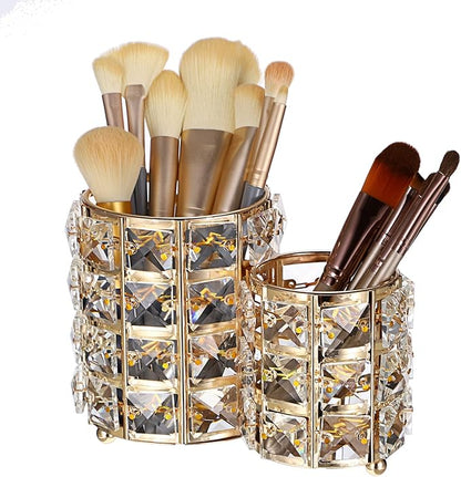 Hipiwe Makeup Brush Holder Gold Bling Crystal Makeup Brush Organizer Round Remote Control Holder Cosmetic Brush Tools Comb Pen Pencil Storage Pot Cup for Vanity, Office, Home Decor, 2-Slot