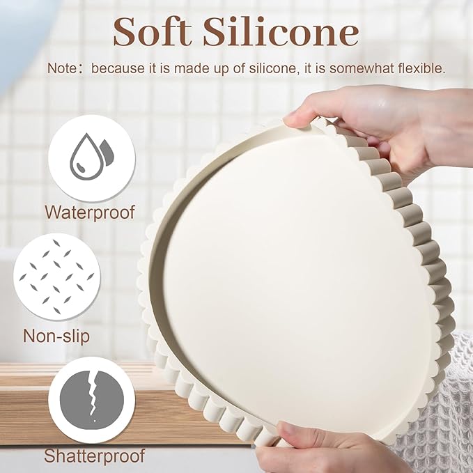 Round Bathroom Tray Silicone Kitchen Counter Decor Vanity Organizer Decorative Coffee Table Tray for Perfume, Candle, Soap Dish, 9 Inch, Beige