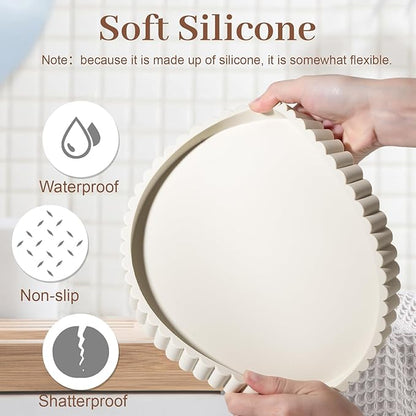 Round Bathroom Tray Silicone Kitchen Counter Decor Vanity Organizer Decorative Coffee Table Tray for Perfume, Candle, Soap Dish, 9 Inch, Beige