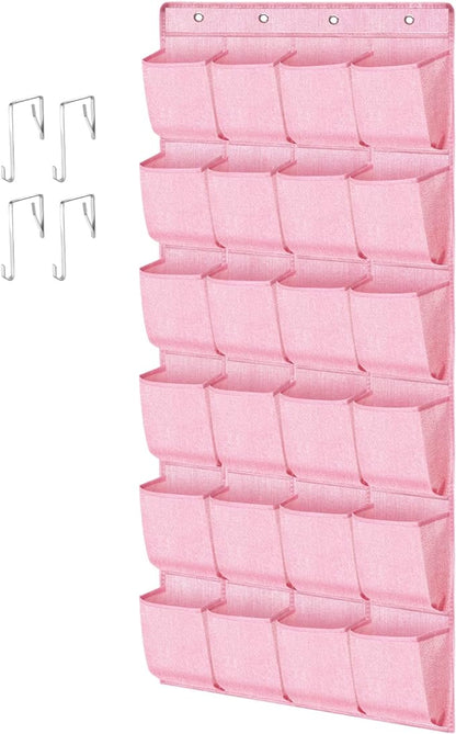 homyfort Pink Shoe Organizer Over the Door for Girls Women Kids Room,Hanging Shoe Rack Organizer for Closet Door,Zapateras Storage Holder with 24 Large Pockets & 4 Sturdy Hooks for Shoes,Slippers