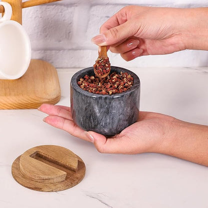 Salt and Pepper Bowl, Marble Salt Cellar and Spices Storage Container With Built-in Spoon and Acacia Wood Lid - 6.5oz Capacity (Black)