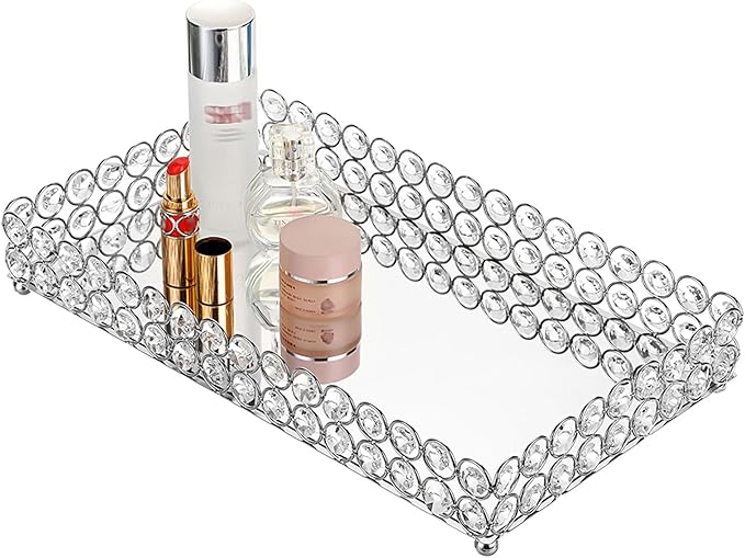 Hipiwe Crystal Cosmetic Vanity Tray, Mirrored Decorative Jewelry Organizer Tray for Perfume, Trinket, Makeup Display Dresser Home Decor (Large, Silver)