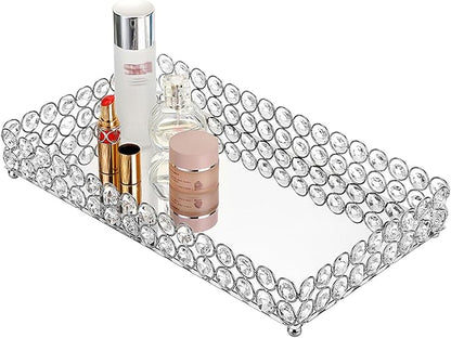 Hipiwe Crystal Cosmetic Vanity Tray, Mirrored Decorative Jewelry Organizer Tray for Perfume, Trinket, Makeup Display Dresser Home Decor (Large, Silver)