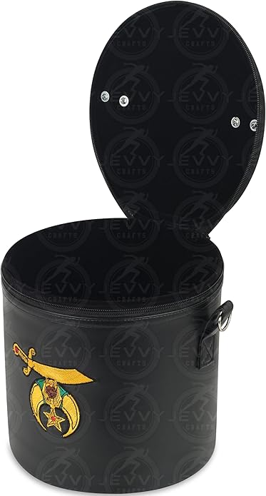 Shriner Fez Regalia Case – Black Faux Leather with Embroidered Emblems, Handle & Hanging Shoulder Strap – Masonic Storage Bag