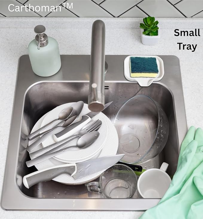 Silicone Soap Tray, Soap Dish with Drain Spout, Bathroom and Kitchen Sink Counter Organizer, Sponge Holder, Tray Perfect for Dispenser, Scrubber, Bottle, Cup on Sink, Tub or Counter - 2 Pack