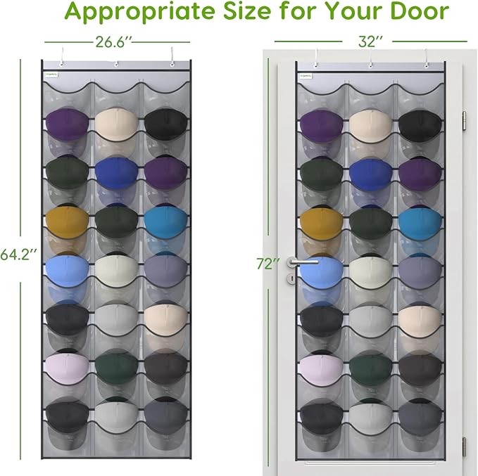Baseball Hat Rack, 24 Pocket Over-The-Door Hat Organizer with Clear Deep Pockets to Display Baseball Caps Collection, Complete with 3 Over Door Hooks (Grey, 24 Pockets)