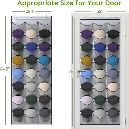 Baseball Hat Rack, 24 Pocket Over-The-Door Hat Organizer with Clear Deep Pockets to Display Baseball Caps Collection, Complete with 3 Over Door Hooks (Grey, 24 Pockets)