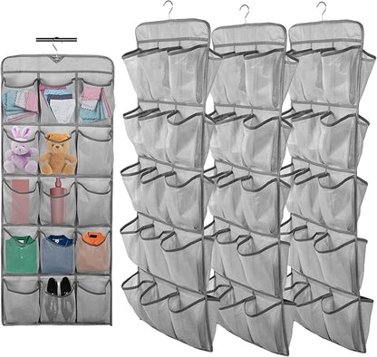 3Pcs 30 Large Pockets Dual Sided Hanging Shoe Organizer Double-Side Closet Storage Shelves with Rotating Hanger Space Saving Storage Bag Portable Shoe Rack Holder for Bedroom Laundry Room,Gray