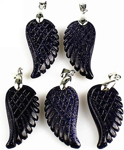 35mm Hand carved mixed gemstom angel wing for necklace pendant bead (blue goldstone)