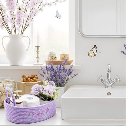 Vesici Storage Basket for Toilet Tank Top Lavender Purple Woven Cotton Rope Bathroom Countertop Toilet Paper Basket with Handle Boho Bathroom Decor for Organizer Nursery Toys 13 x 6 x 4 Inch