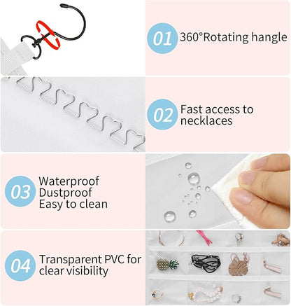Bloss Hanging Jewelry Organizer, Double-Size jewelrys Storage with Hanger Hooks, Large Jewelrys Storage with 48 Pocket, Earring,Necklace Holder,Womens Jewelry Holder,White