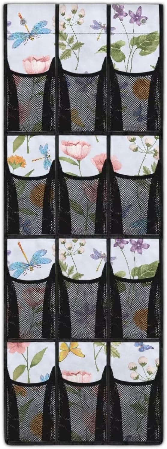 Dragonfly Floral Over The Door Organizer,Hanging Baskets with 12 Mesh Large Pockets,Door Back Shoe Organizers with 12 Mesh Pockets Baby Organizer Storage,Quick Dry Organizer Hanging
