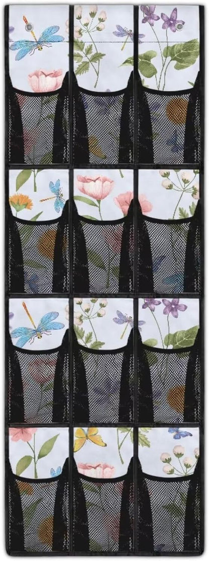 Dragonfly Floral Over The Door Organizer,Hanging Baskets with 12 Mesh Large Pockets,Door Back Shoe Organizers with 12 Mesh Pockets Baby Organizer Storage,Quick Dry Organizer Hanging