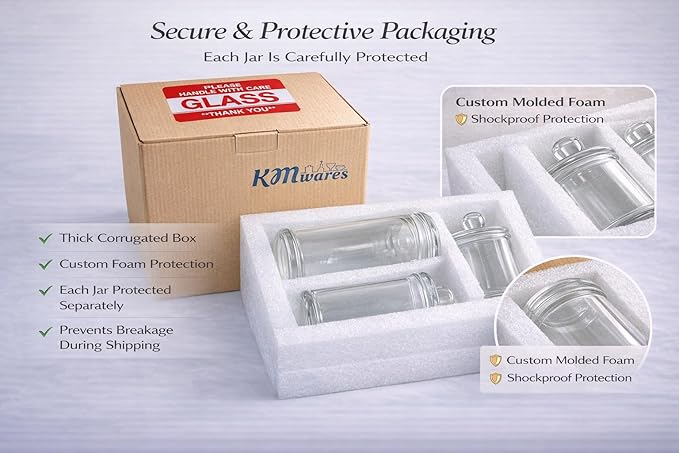 KMWARES 3PCs Set Small Mini Clear Glass Premium Quality Apothecary Jars/Bathroom Storage/Vanity Organizer Canisters for Cotton Balls/Swabs, Makeup Sponges, Bath Salts, Q-Tips (3Jar)