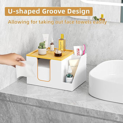 VITVITI Disposable Face Towel Holder Box, Acrylic Clean Skin Club Facial Towel Container with Toothbrush Holders, Large Disposable Face Towels Storage for Bathroom Vanity Makeup, White